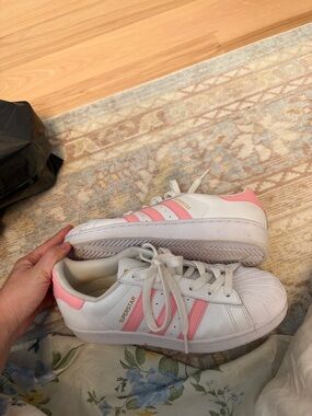 adidas White Sneakers with Pink Stripes